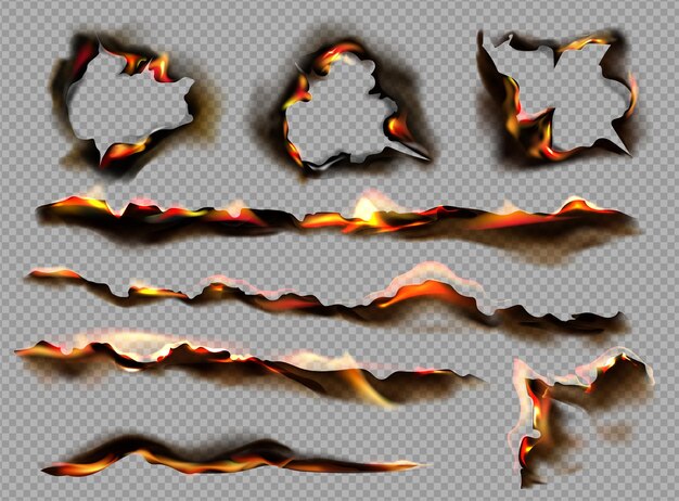 Realistisch verbrand papier icon set smeulend papier in de vorm van een lijn of een cirkel vectorillustratie