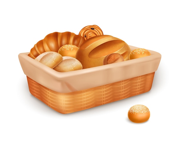 Gratis vector realistisch vers brood broden en gebak in rieten mand vectorillustratie