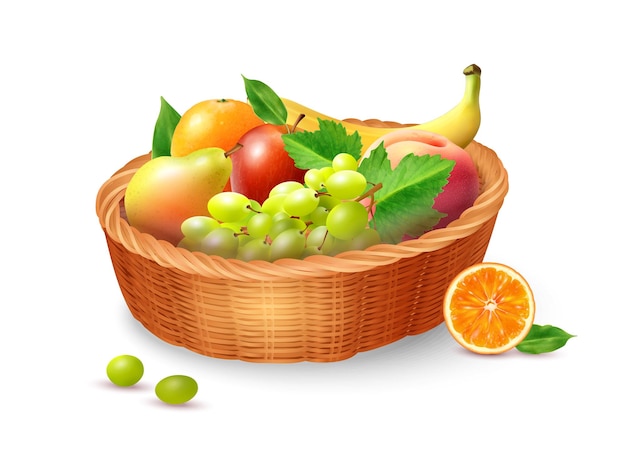 Gratis vector realistisch vers rijp fruit met groene bladeren in rieten mand vectorillustratie