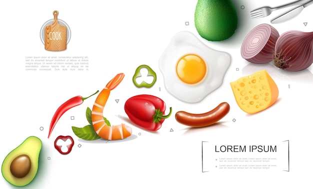 Realistisch voedsel kleurrijk concept met avocado rood en chilipepers worstjes kaas omelet ui vork mes