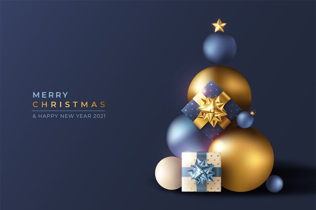 Realistische 3d Kerstmisachtergrond met blauwe en gouden ornamenten