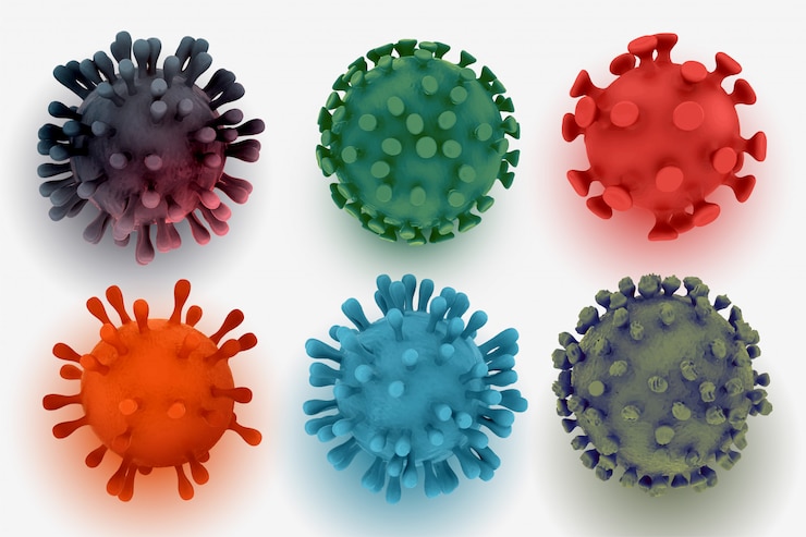 Gratis Vector realistische 3d-verzameling van zes coronaviruscellen