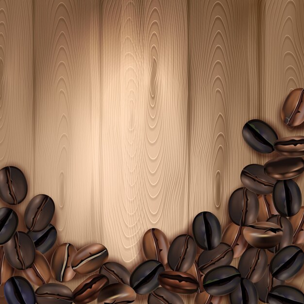 Realistische achtergrond met geroosterde koffiebonen op houten oppervlakte vectorillustratie
