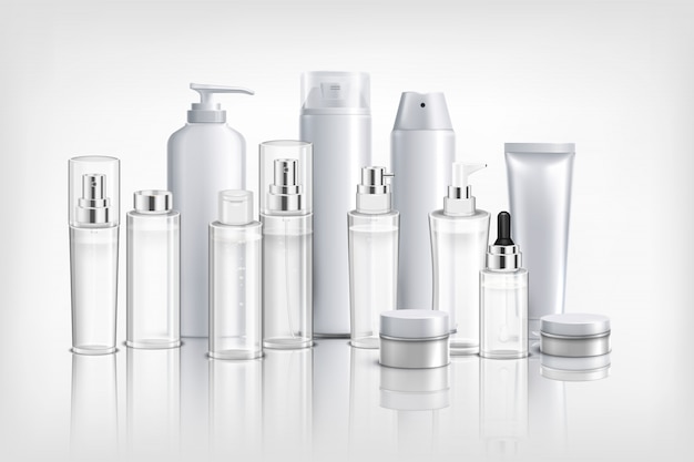 Realistische achtergrond met verzameling van verschillende cosmetica containers buizen en potten voor crème olie en balsem illustratie