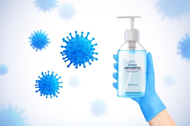 Realistische afbeelding van coronavirusbescherming met handen in handschoenen met dispenser met antiseptische gel