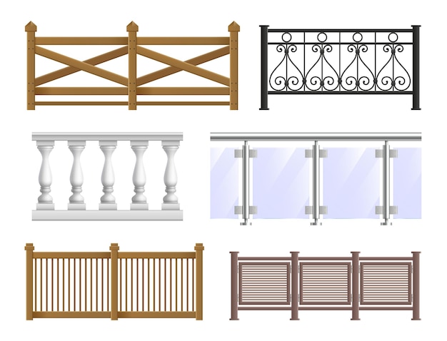 Realistische balkonomheining in klassieke moderne en decoratieve gesmede stijlen geïsoleerde vectorillustratie