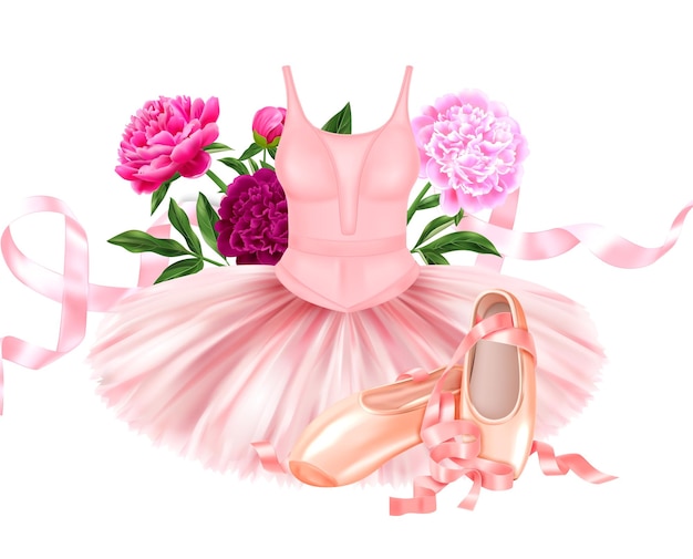 Realistische balletcompositie met mooie roze ballerinakledingschoenen met satijnen linten en pioenrozen vectorillustratie