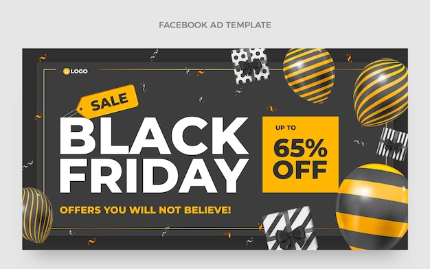 Realistische black friday social media promo-sjabloon met zwarte en gouden ballonnen