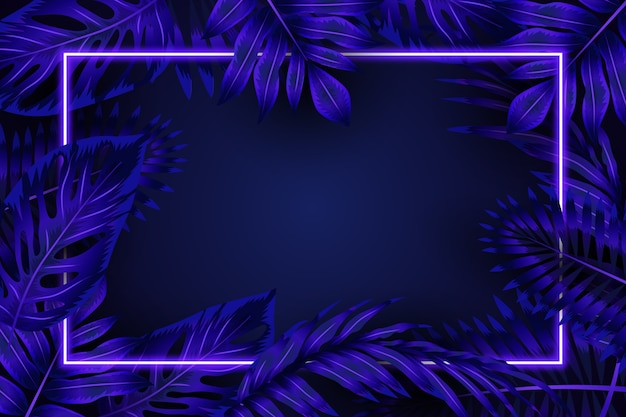 Gratis vector realistische bladeren met blauw neonframe