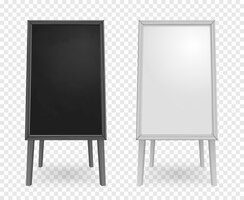 Gratis vector realistische borden voor onderwijs op vier poten met zwarte en witte lege schermen op transparante achtergrond geïsoleerde vectorillustratie