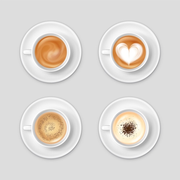 Gratis vector realistische bovenaanzicht set met koffie in kopjes op geïsoleerde schoteltjes