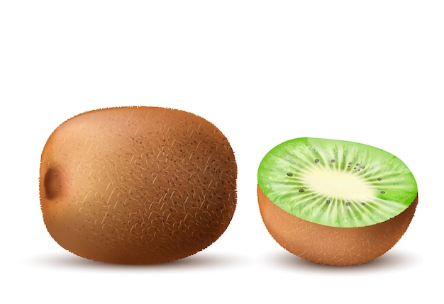 Gratis vector realistische bruine rijpe kiwi, geheel en half, geïsoleerd op achtergrond