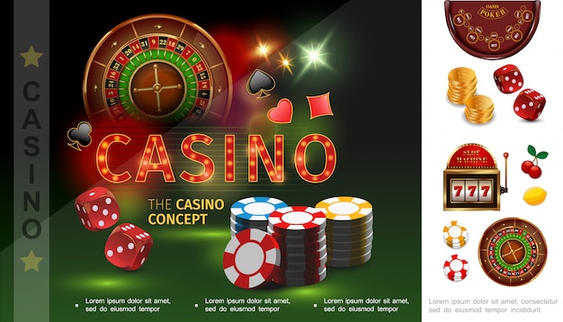 Realistische casinosamenstelling met pokerchips dobbelt speelkaart past bij roulette gouden munten gokautomaat cherry lemon