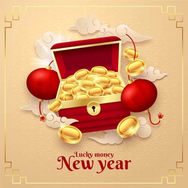 Realistische chinees nieuwjaar gelukkig geld illustratie