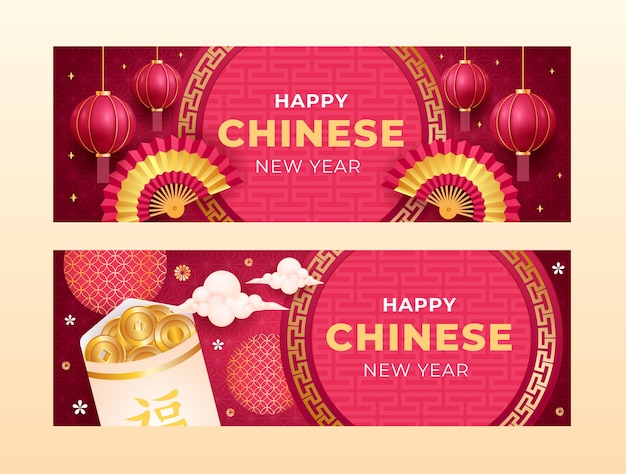 Realistische chinese nieuwe jaar horizontale banners set