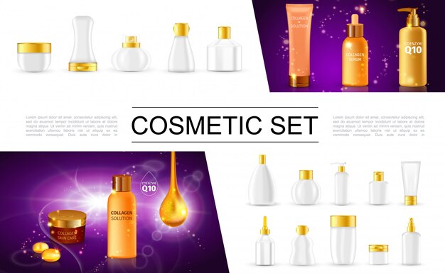 Realistische collectie cosmetische pakketten met flessen en containers voor crème bodylotion moisturizer shampoo sprayzeep