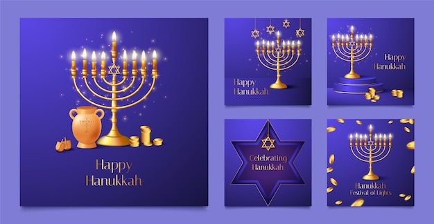 Realistische collectie instagram-berichten voor de joodse hanukkah-viering