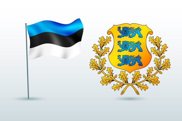 Realistische collectie van Estland-vlag en nationale emblemen