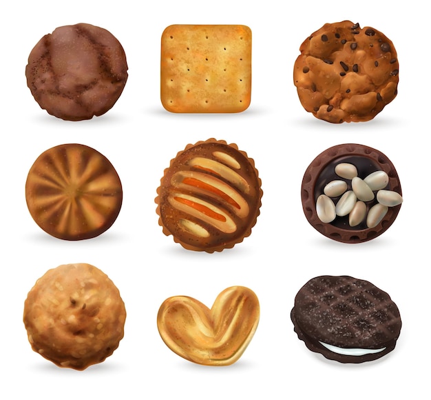 Gratis vector realistische cookies set met pinda's vanille en chocolade geïsoleerde vectorillustratie