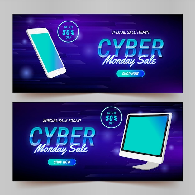 Gratis vector realistische cyber maandag horizontale banners set