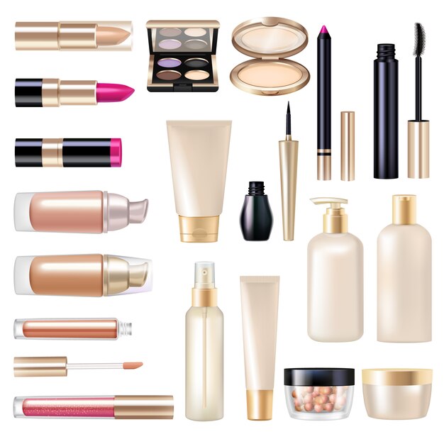 Realistische die punten super van de make-up met mascara en poeder geïsoleerde vectorillustratie worden geplaatst