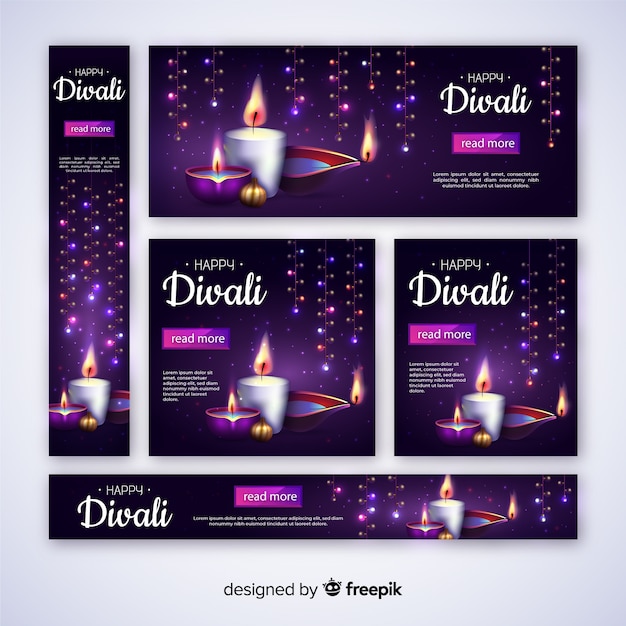 Realistische diwali-webbanners met kaarsen