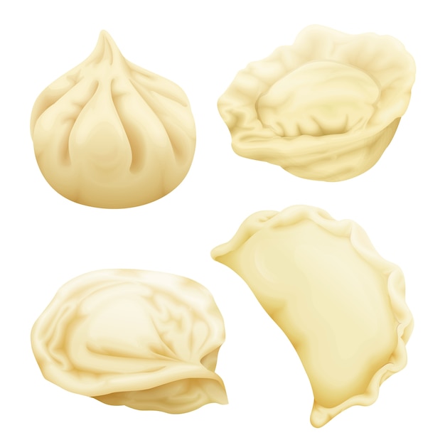 Realistische dumplings instellen. Vareniki pierogi ravioli khinkali pelmeni manti momo tortellini.