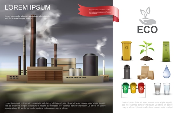 Realistische ecologische milieusamenstelling met industriële fabrieksrecycling vuilnisbakken papieren zakken