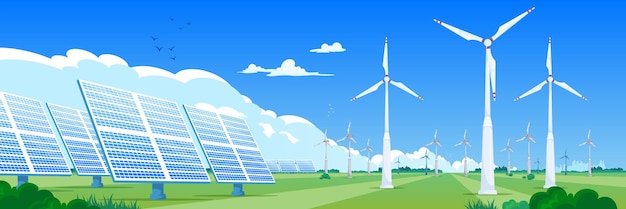 Gratis vector realistische ecologische zonnepark met geïnstalleerde panelen en windturbines op groene veldvectorillustratie