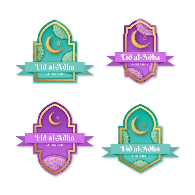 Gratis vector realistische eid al-adha-labelscollectie met halve maan