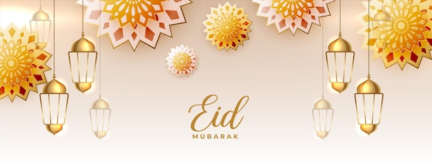 Realistische eid mubarak-festivalbanner met hangende lantaarns