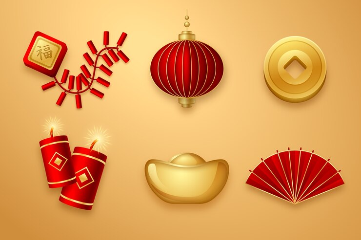 Gratis Vector realistische elementen collectie voor het chinese nieuwjaarsfeest