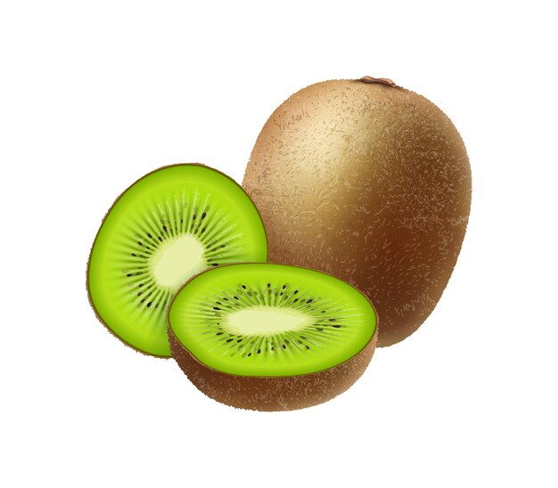 Realistische fruitsamenstelling met afbeeldingen van geheel en gesneden kiwifruit op lege vectorillustratie als achtergrond