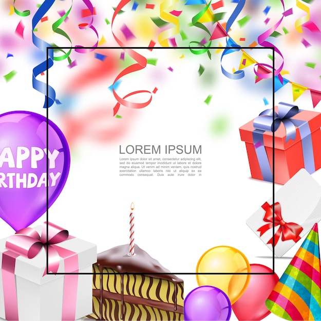 Realistische gelukkige verjaardag kaartsjabloon met frame voor tekst kleurrijke ballonnen confetti garland huidige vakken feest hoed uitnodigingskaart fluitje van een cent illustratie,