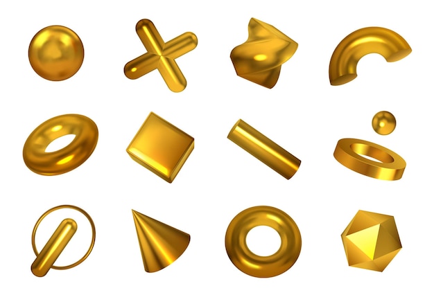 Realistische geometrische vormenvoorwerpen die met geïsoleerde pictogrammenbeelden van gouden geometrische organismen op lege vectorillustratie worden geplaatst als achtergrond