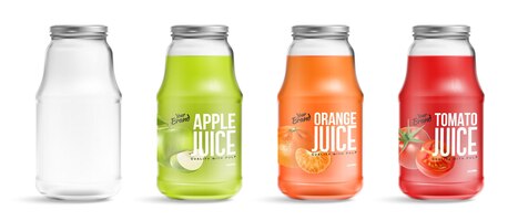 Realistische glazen potten met geïsoleerde afbeeldingen van lege flessen met appelsinaasappel en tomatensap vectorillustratie