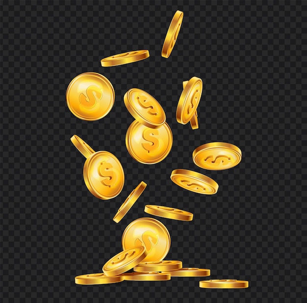 Gratis vector realistische gouden munten vallen samenstelling met donkere transparante achtergrond en weergave van glanzende geld spetter vectorillustratie