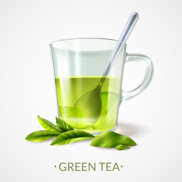 Realistische groene thee en beker met lepel vectorillustratie
