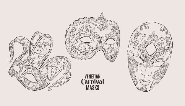 Realistische handgetekende Venetiaanse carnaval maskers