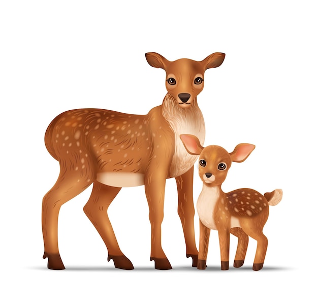 Gratis vector realistische hertensamenstelling met geïsoleerde afbeeldingen van volwassen exemplaren en joey wilde dieren op blanco vectorillustratie als achtergrond