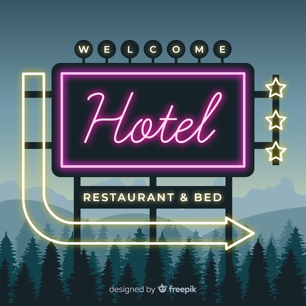 Gratis vector realistische het tekenachtergrond van het hotelneon