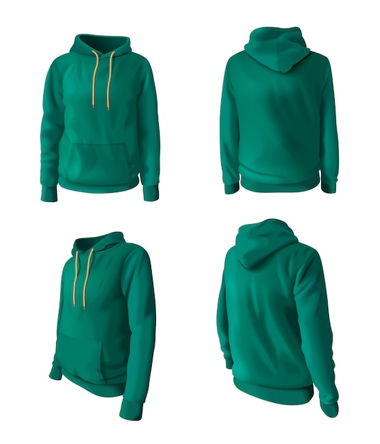 Realistische hoodies en sweatshirts met een kap die in groene kleur geïsoleerde vectorillustratie worden geplaatst