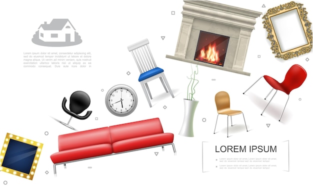 Realistische huis interieurelementen concept met open haard sofa stoelen plant in vaas klok decoratieve afbeelding en fotolijsten illustratie,