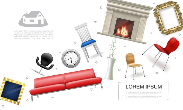 Realistische huis interieurelementen concept met open haard sofa stoelen plant in vaas klok decoratieve afbeelding en fotolijsten illustratie,