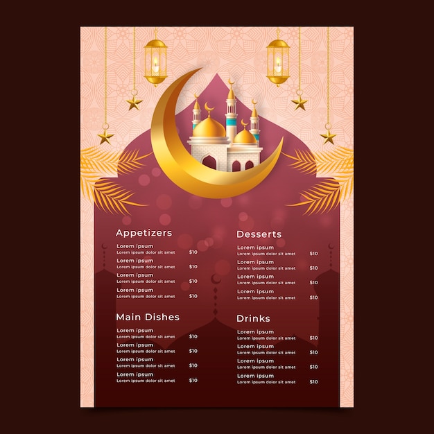 Gratis vector realistische iftar-menusjabloon voor islamitische ramadan-viering