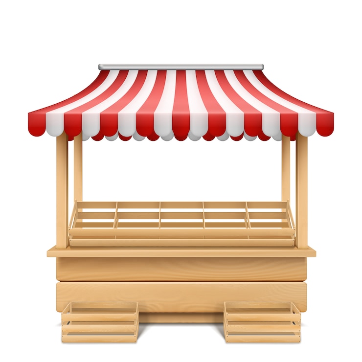 Gratis Vector realistische illustratie van lege marktkraam met rood en wit gestreepte luifel