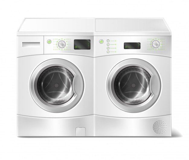 Realistische illustratie van witte front-load wasmachine en droger, leeg van binnen