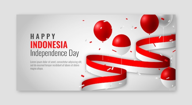 Gratis vector realistische indonesië onafhankelijkheidsdag horizontale bannersjabloon met ballonnen en confetti