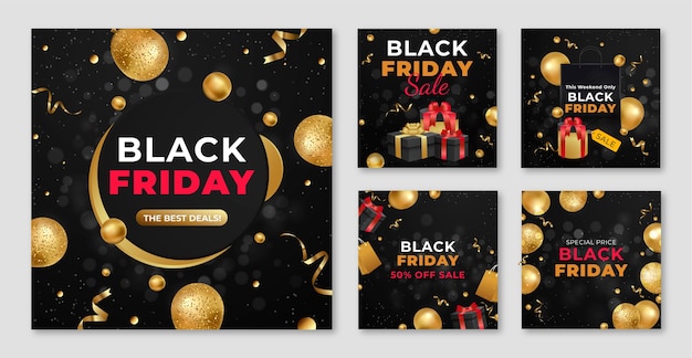 Gratis vector realistische instagram-postcollectie voor black friday-verkoop