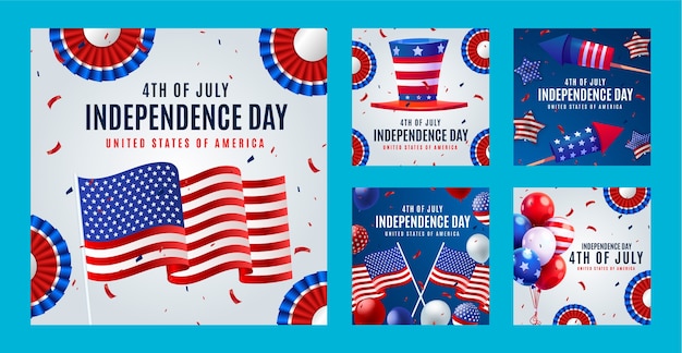 Gratis vector realistische instagram posts-collectie voor de amerikaanse feestviering van 4 juli